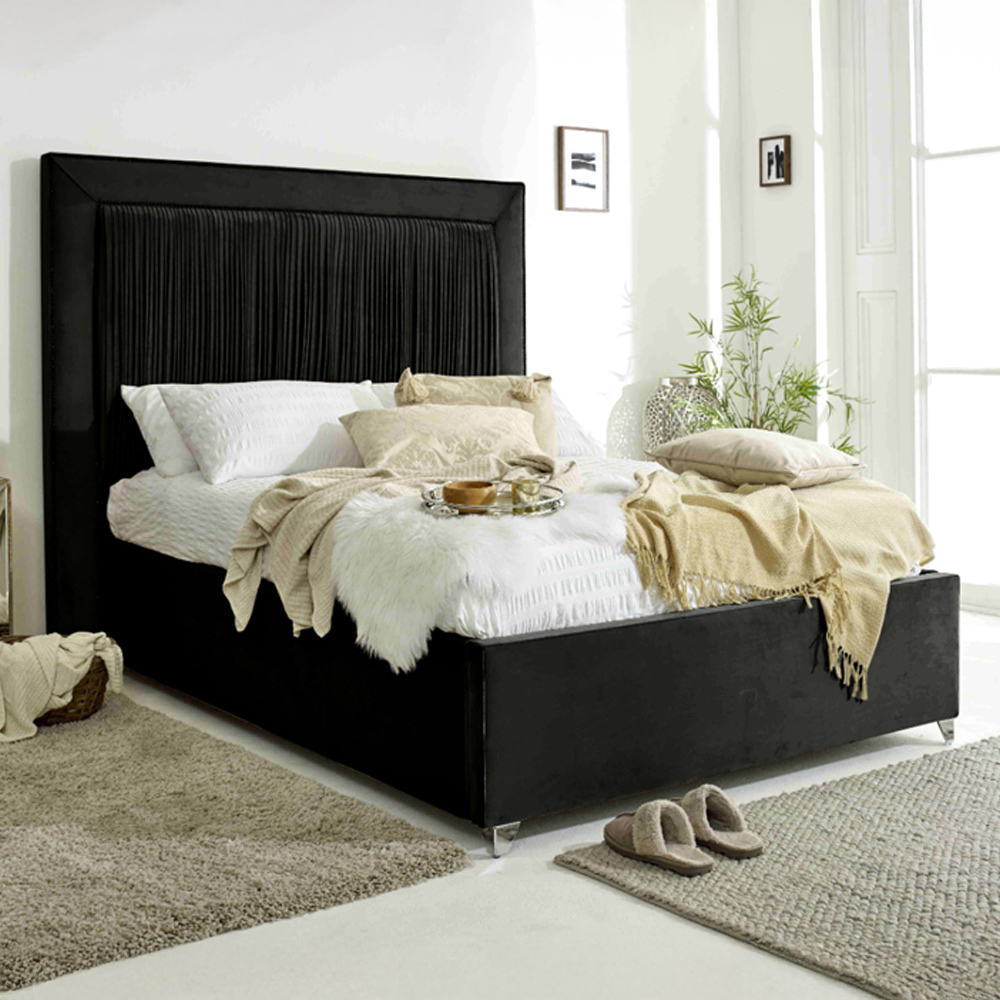 Eleganza Alexandra Single Black Plush Velvet Bed Frame with Pleated Headboard Image 1