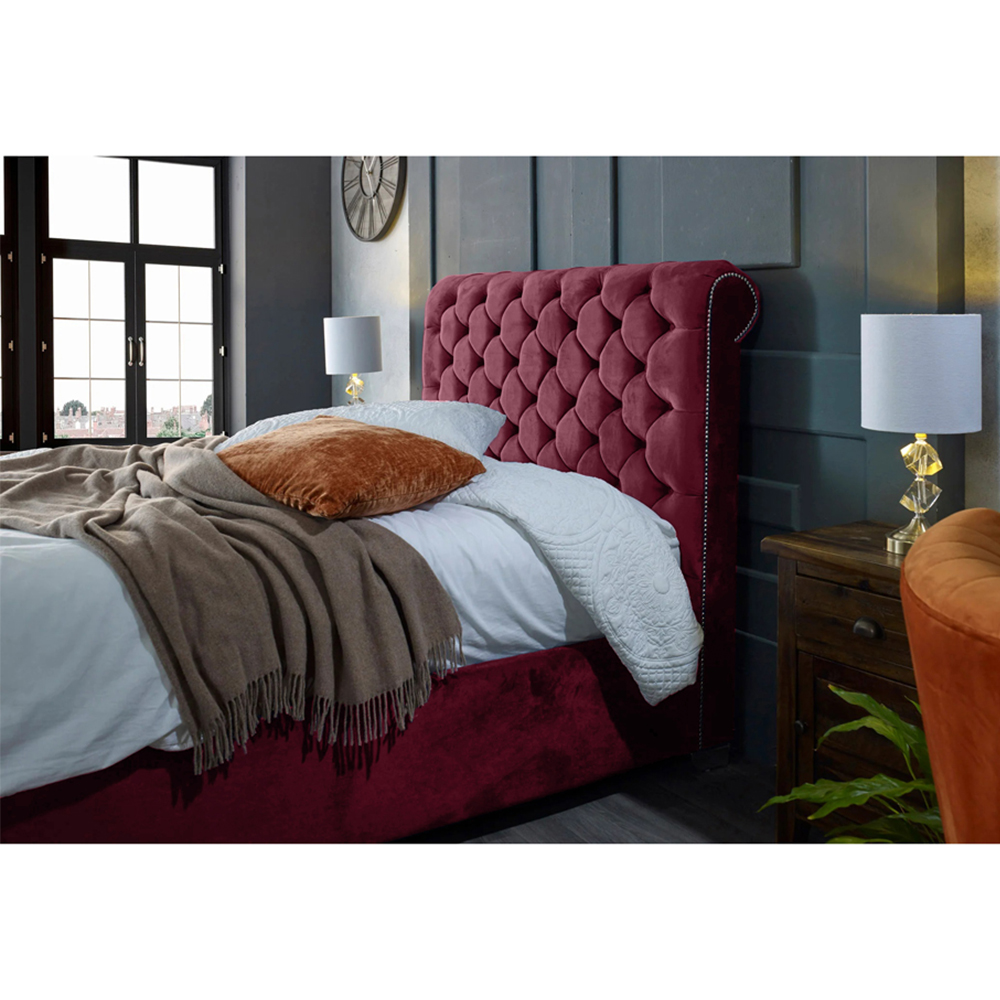 Eleganza Home Veneta King Size Maroon Plush Velvet Bed Frame with Chesterfield Headboard Image 2