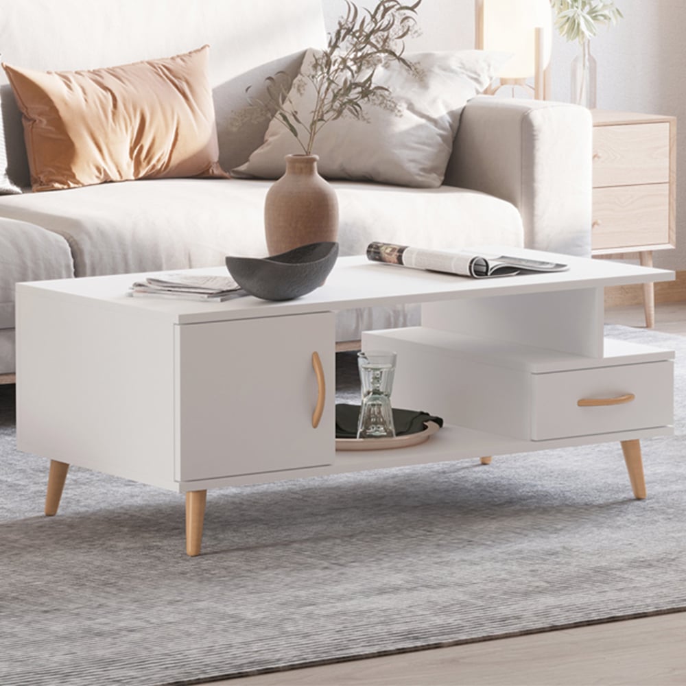 Portland Single Door Single Drawer White Rectangular Coffee Table Image 1