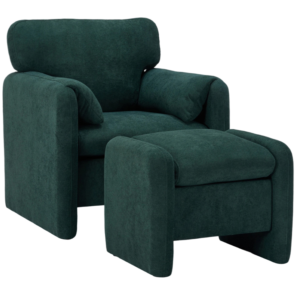 Living and Home Green Chenille Upholstered Armchair with Footstool Image 2