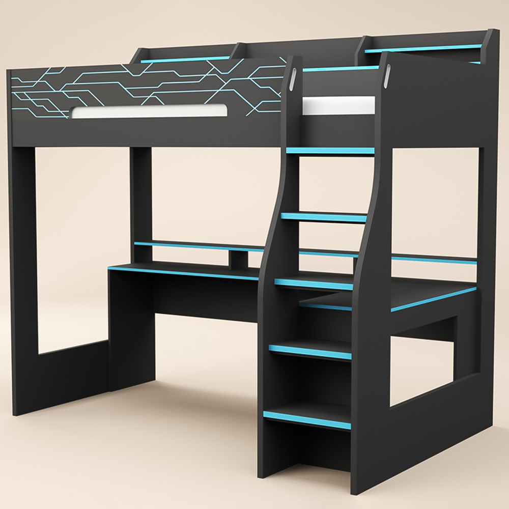 Recoil Ultimate Small Double Charcoal and Neon Blue Gaming High Sleeper Bed with LED Image 2