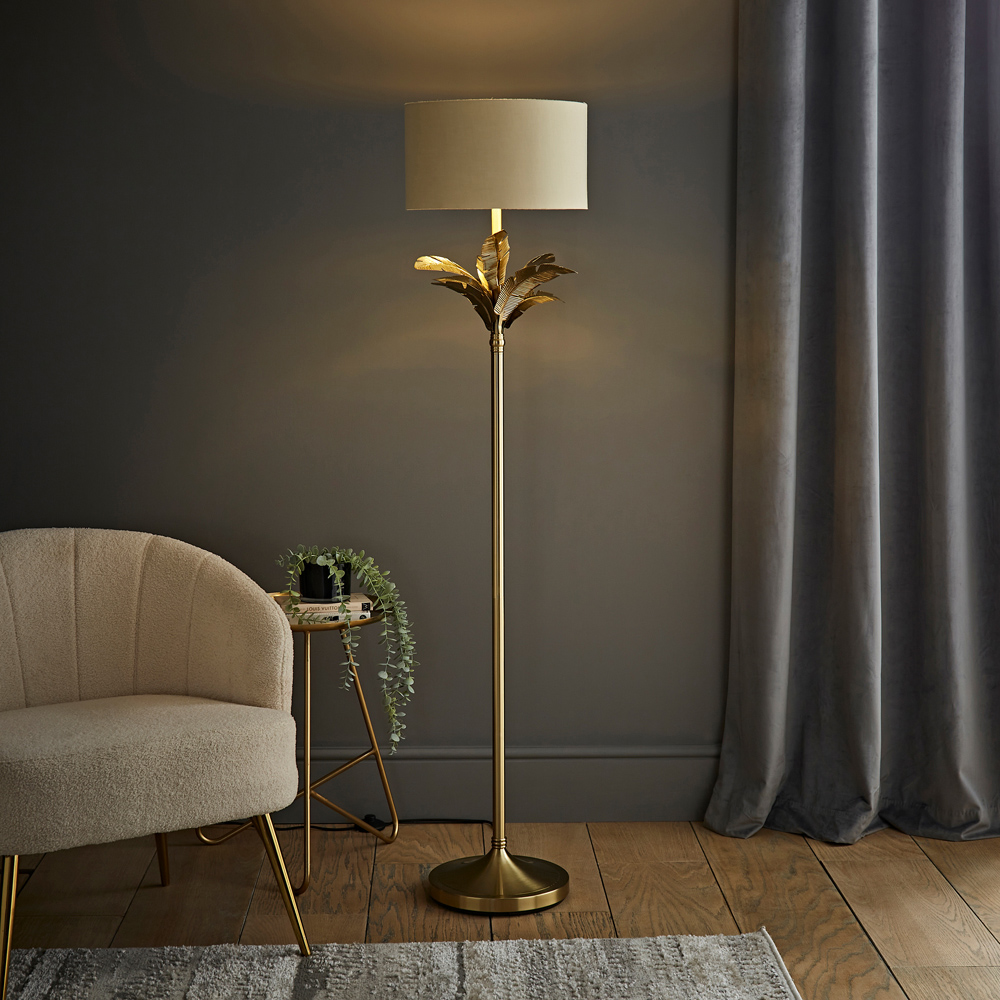 ValueLights Christina Beige and Gold Palm Leaf Floor Lamp and Bulb Image 2