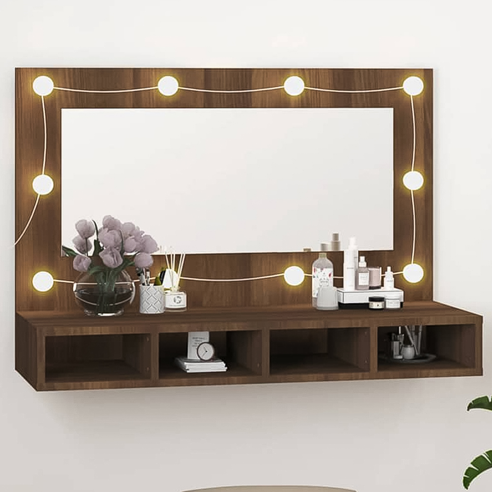 vidaXL 4 Open Shelf Brown Warm White LED Mirror Cabinet Image 1