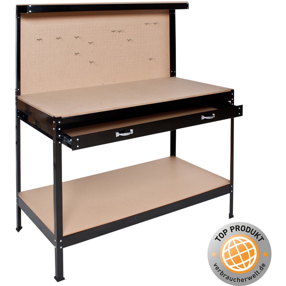 tectake 2 Shelf Single Drawer Black Workbench with Pegboard Image 9