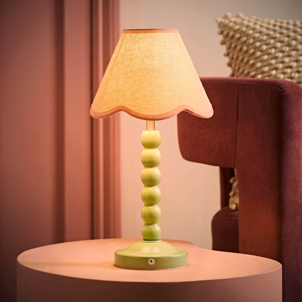 ValueLights Bobble Pink Scallop Shade Green Rechargeable Wooden LED Table Lamp Image 2