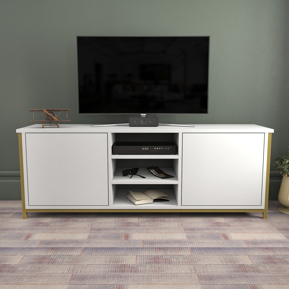 Decorotika Otis 2 Door 3 Shelf Gold and White TV Stand for 63 inch TV Image 4