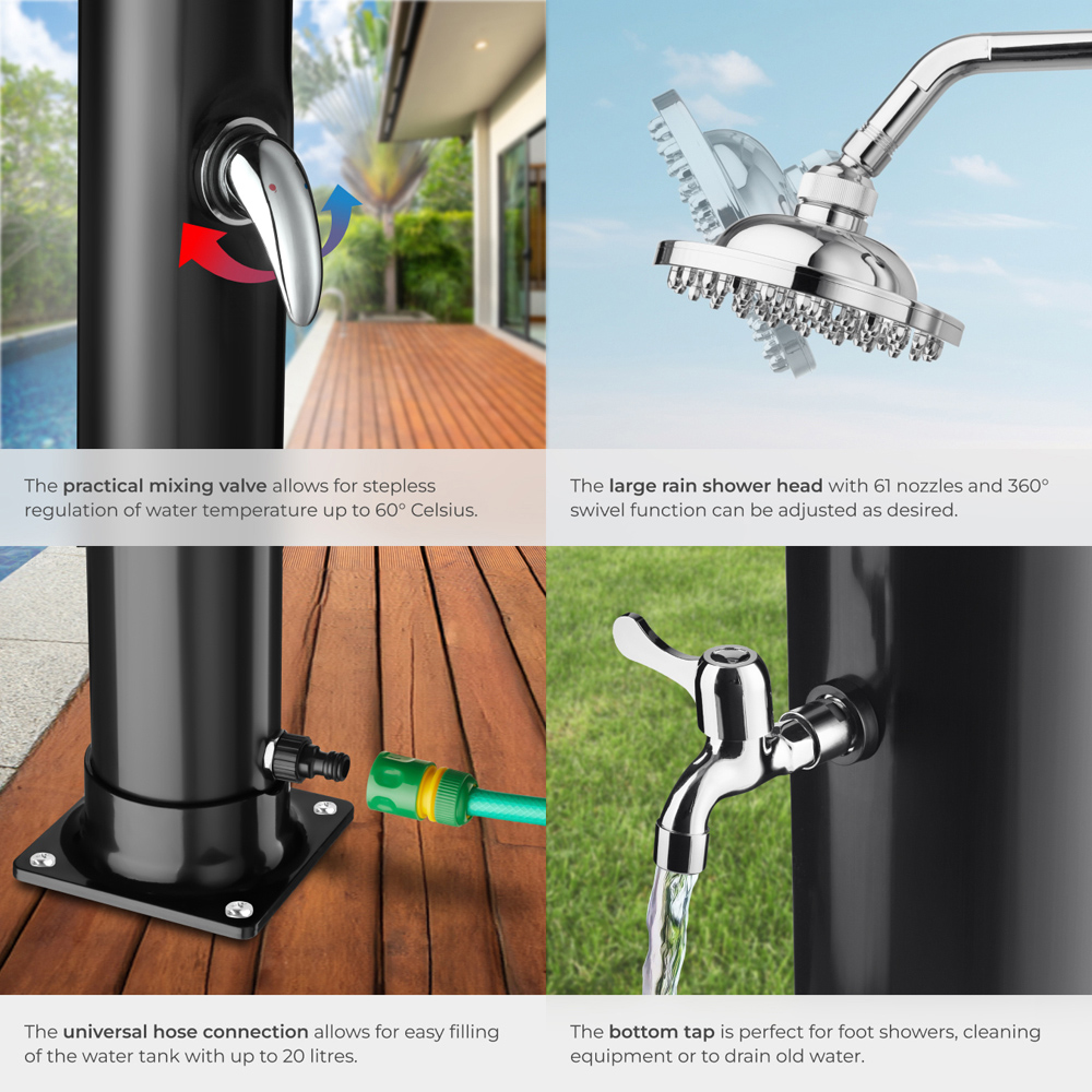 tectake Tinto Black Portable Solar Outdoor Shower with Tap 20L Image 6