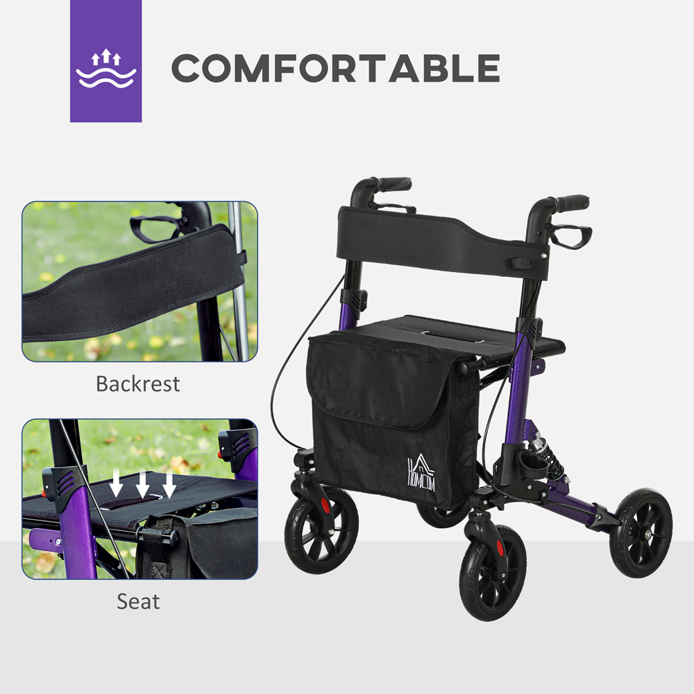 HOMCOM Purple 4-Wheel Foldable Rollator Walker with Suspension Seat and Storage Bag Image 4
