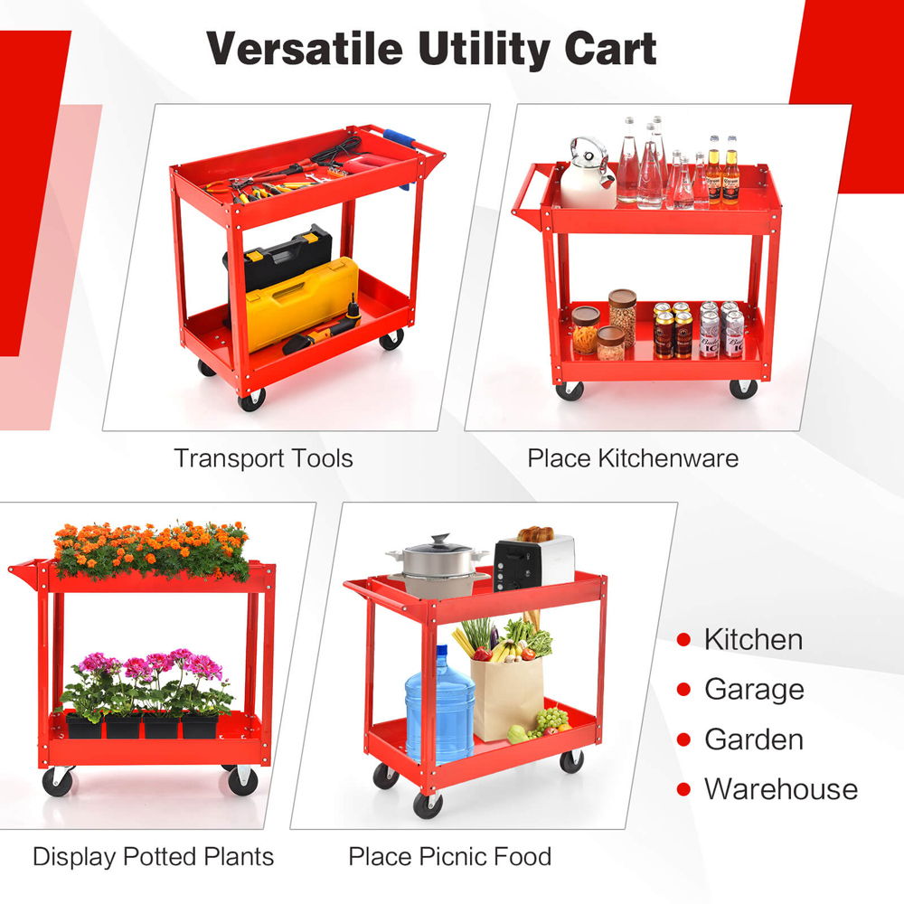Costway 2 Shelf Red Tool Trolley with Wheels Image 4