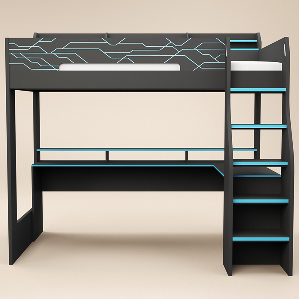 Recoil Ultimate Single Charcoal and Neon Blue Gaming High Sleeper Bed with LED Image 3