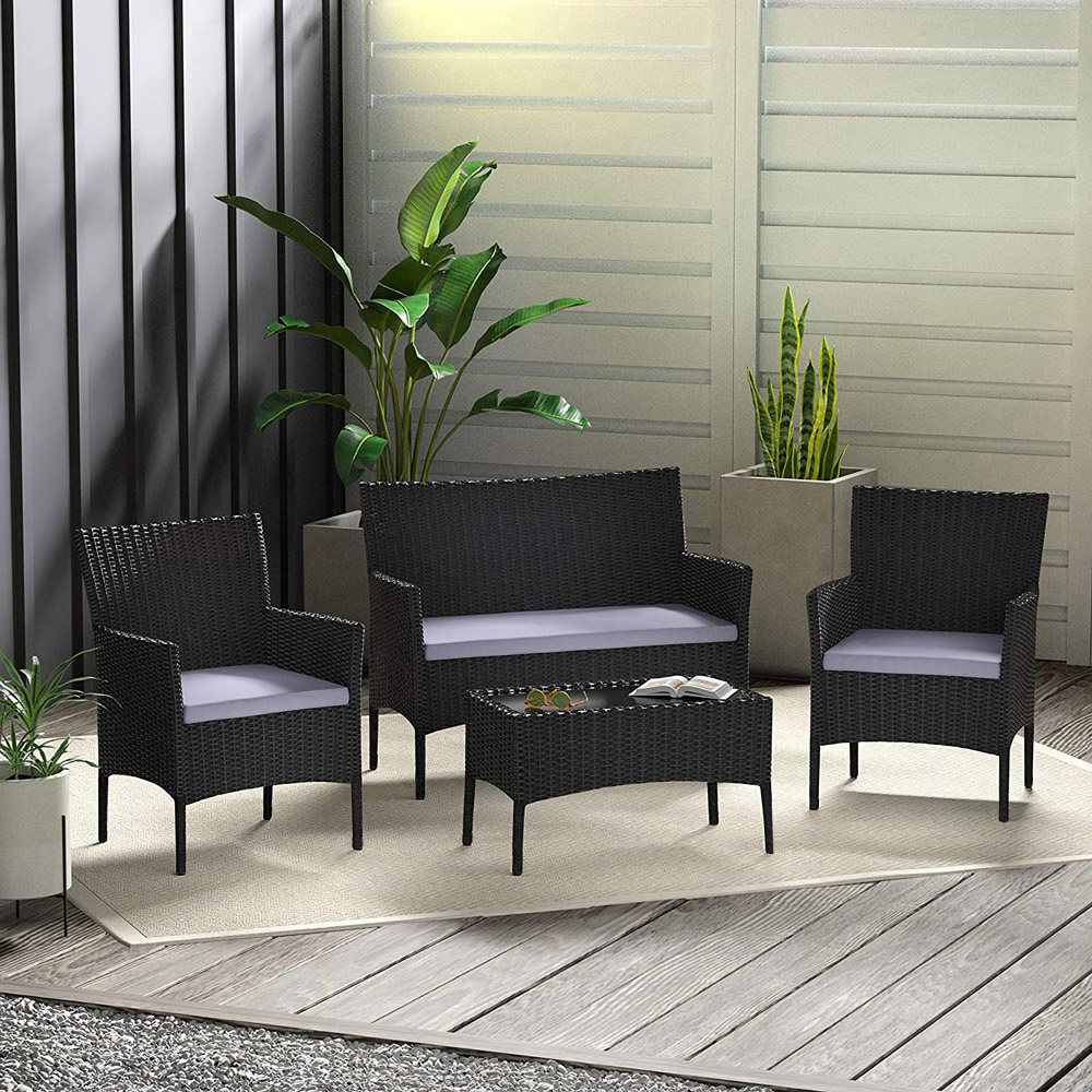 Roger 4 Seater Black Rattan Outdoor Sofa Set with Table and Seat Cushions Image 7