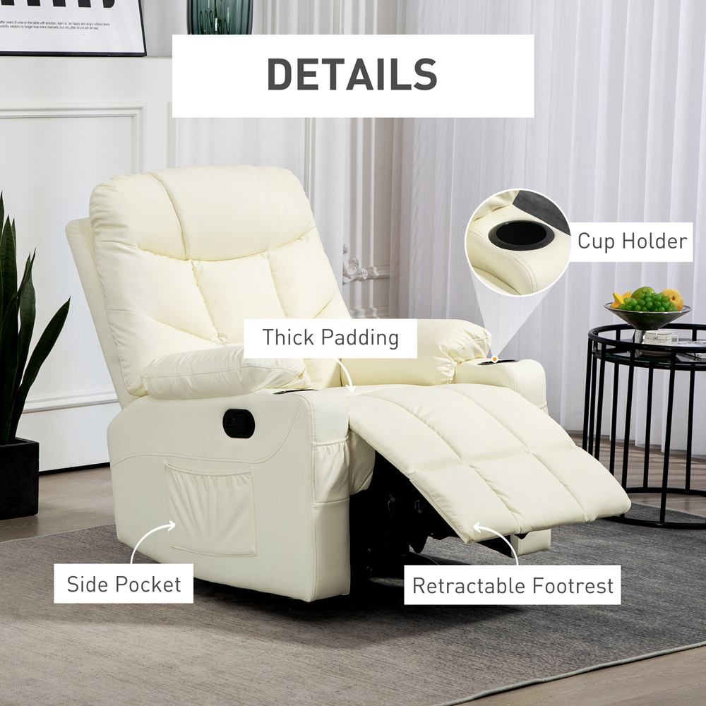 HOMCOM Cream White PU Leather Swivel Manual Recliner Armchair with Adjustable Leg Rest Image 7