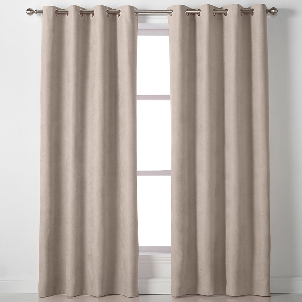 Alan Symonds Taupe Velvet Chenille Ring Top Eyelet Curtains 142 x 137cm Image 1