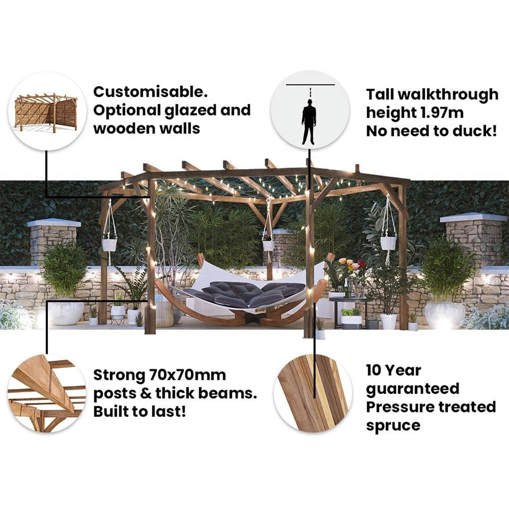 Dunster House Utopia 3 x 3m Brown Wooden Diamond Corner Pergola with Slatted Walls and Trellis Image 5