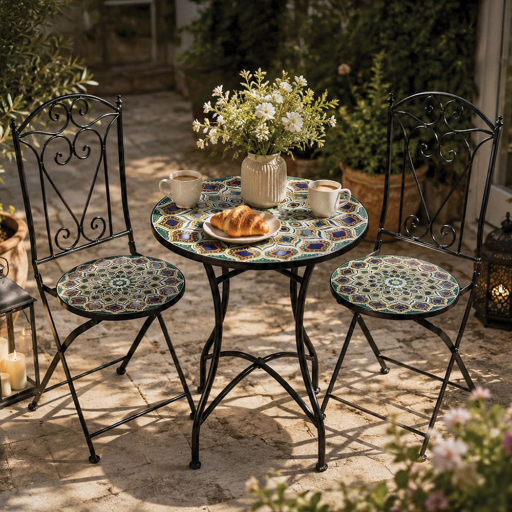 Shatchi Casablanca 2 Seater Mosaic Ceramic Tile Top Foldable Bistro Set Image 1