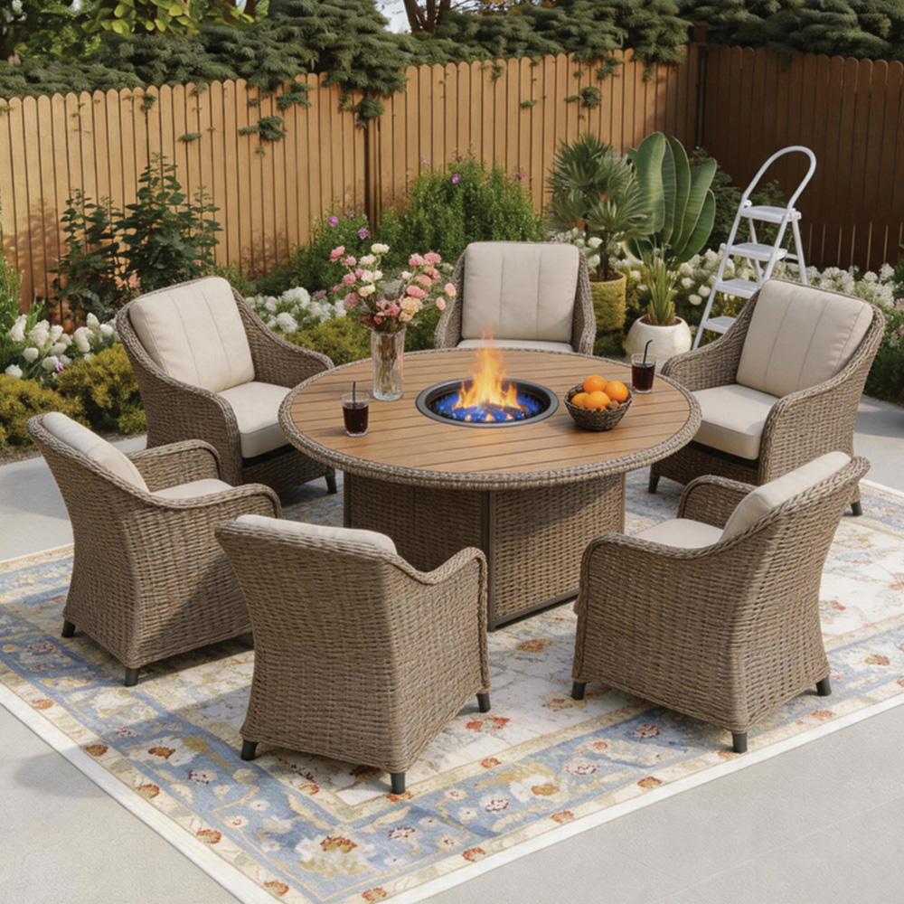 Furniture One 6 Seater Rattan Round Fire Pit Table Image 1