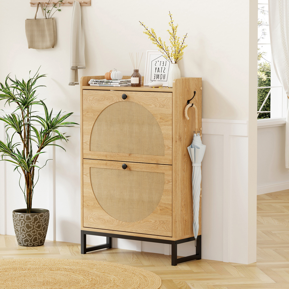 FurnitureHMD 2 Door Natural Woven Rattan Shoe Cabinet with Hooks Image 9