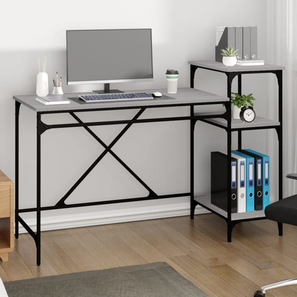 vidaXL 3 Shelf Industrial Style Computer Desk Grey Sonoma Image 1