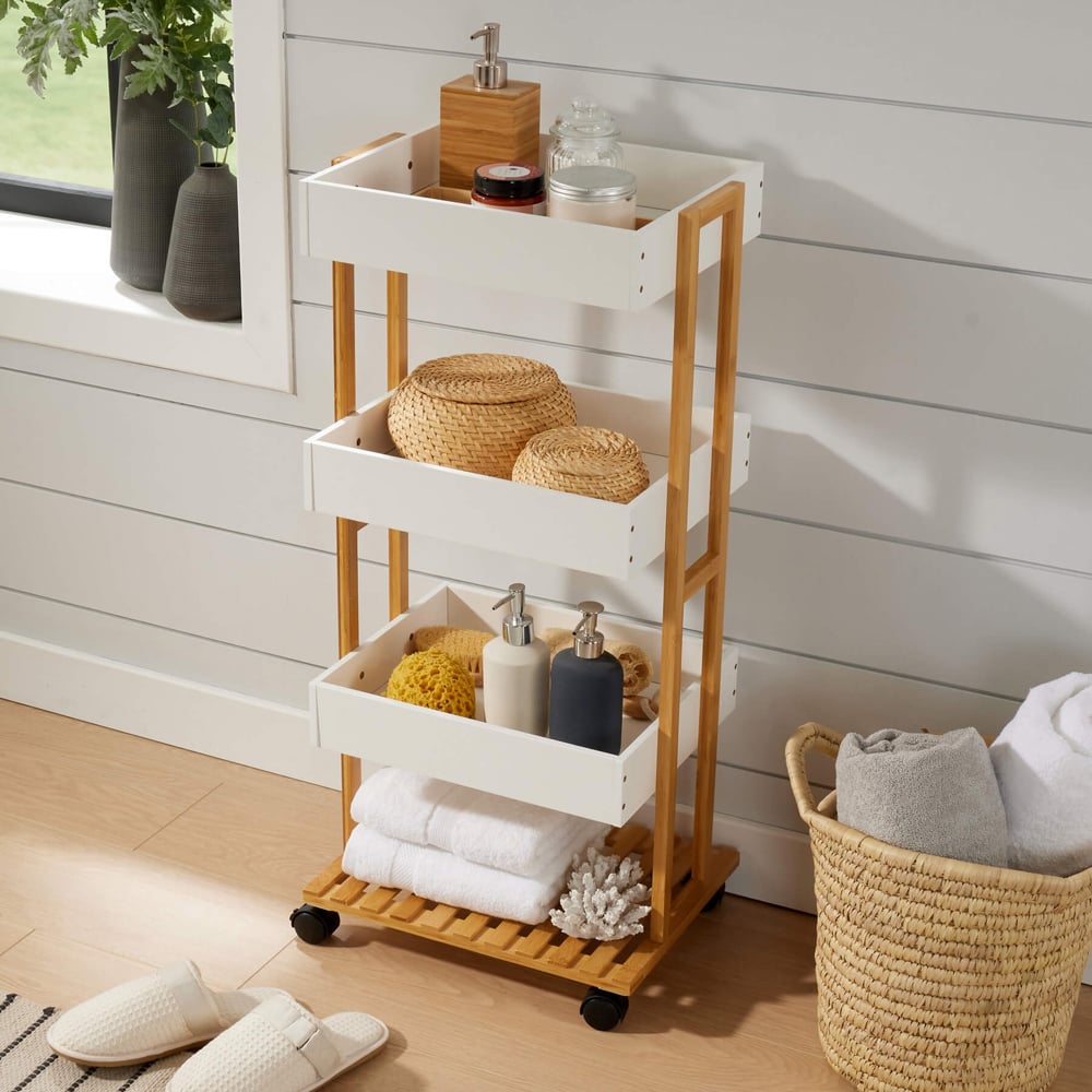 Home Source Oxford 4 Shelf White Bamboo Bathroom Trolley Image 2