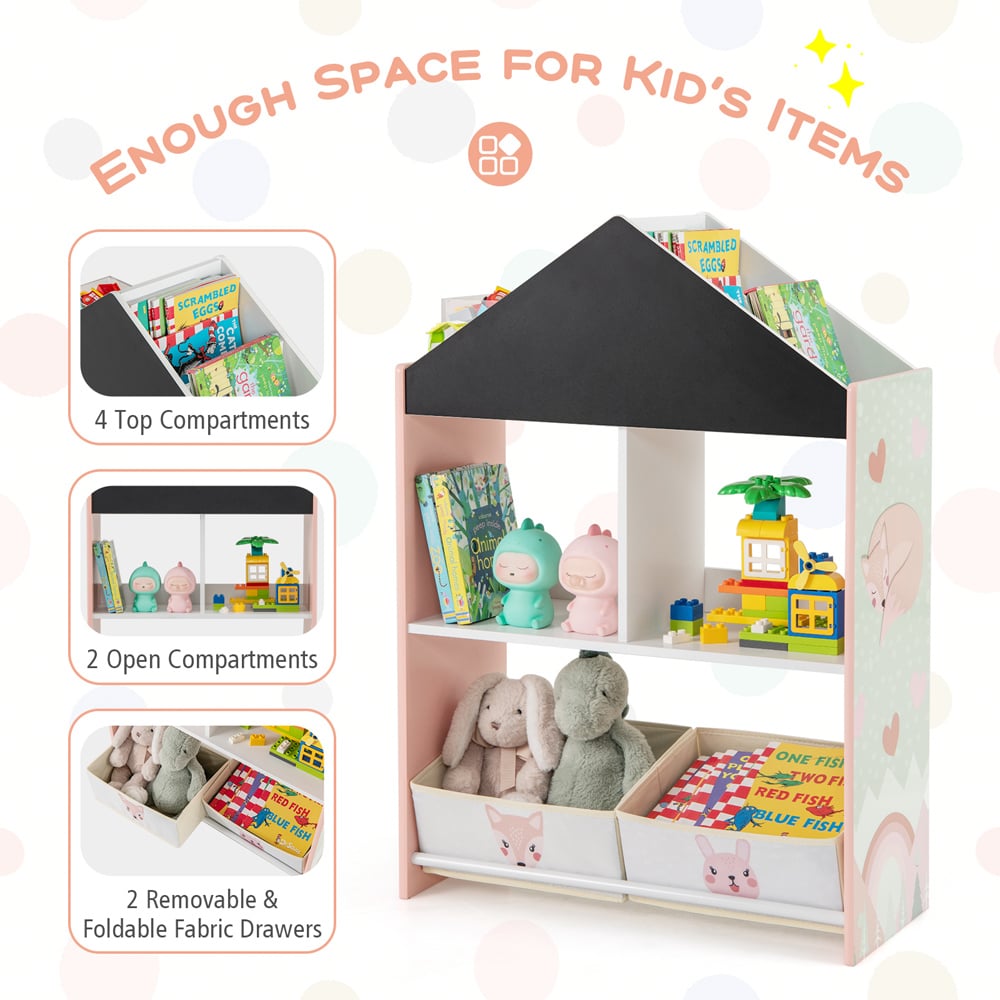Costway 2 Drawer Pink Kids Wooden Dollhouse Bookshelf Image 5