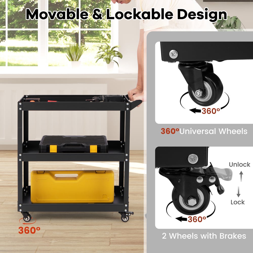 Costway 3 Shelf Black Rolling Service Trolley Image 7