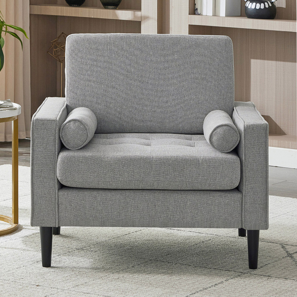 Living and Home Grey Linen Mid-Century Armchair with Armrest Pillows Image 8