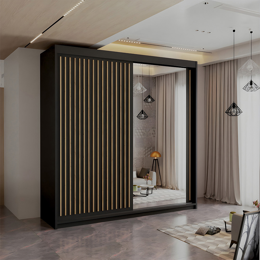 Sliding Wardrobes 4U Royal 2 Door Black Minimalist Mirrored Wardrobe 150cm Image 4