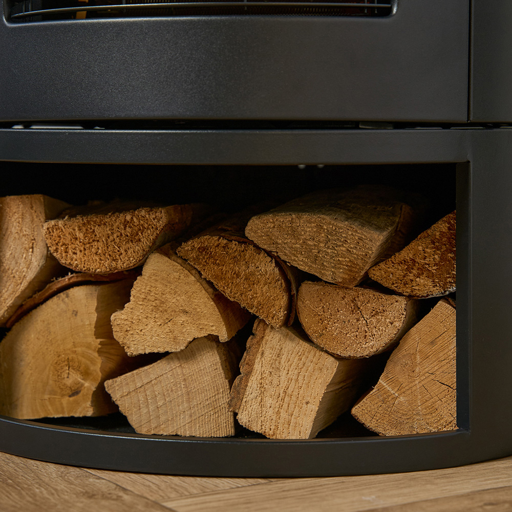 Sureflame Dunston Black Round Electric Stove with Log Storage and Angled Stove Pipe Image 7