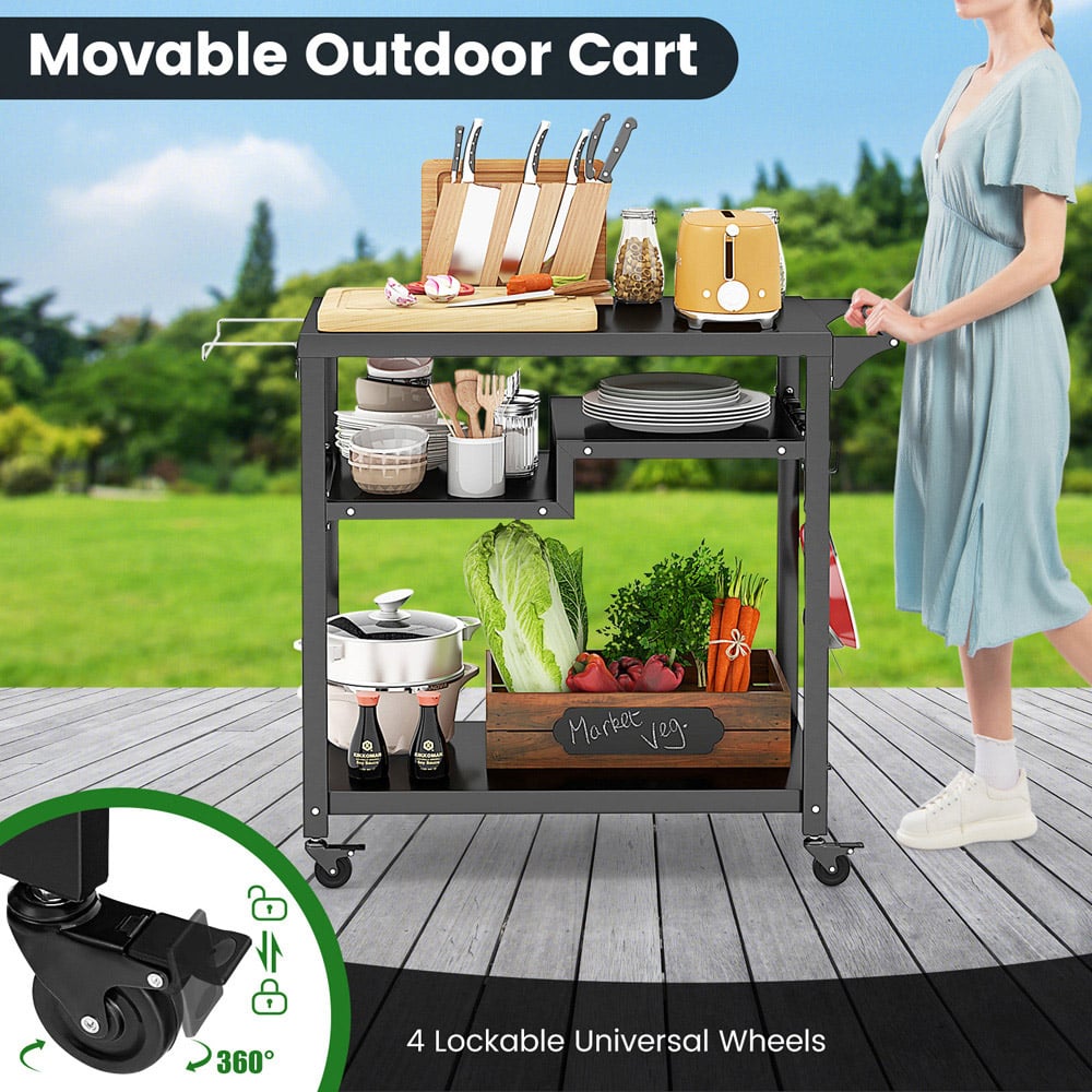 Costway Black 3 Shelf Movable BBQ Cart with 4 Lockable Wheels Image 5