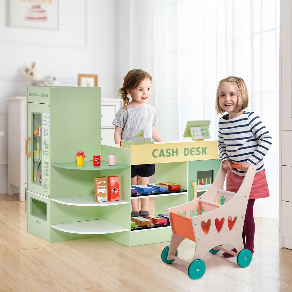 Costway Green Kids Wooden Grocery Store Supermarket Toy Set Image 4
