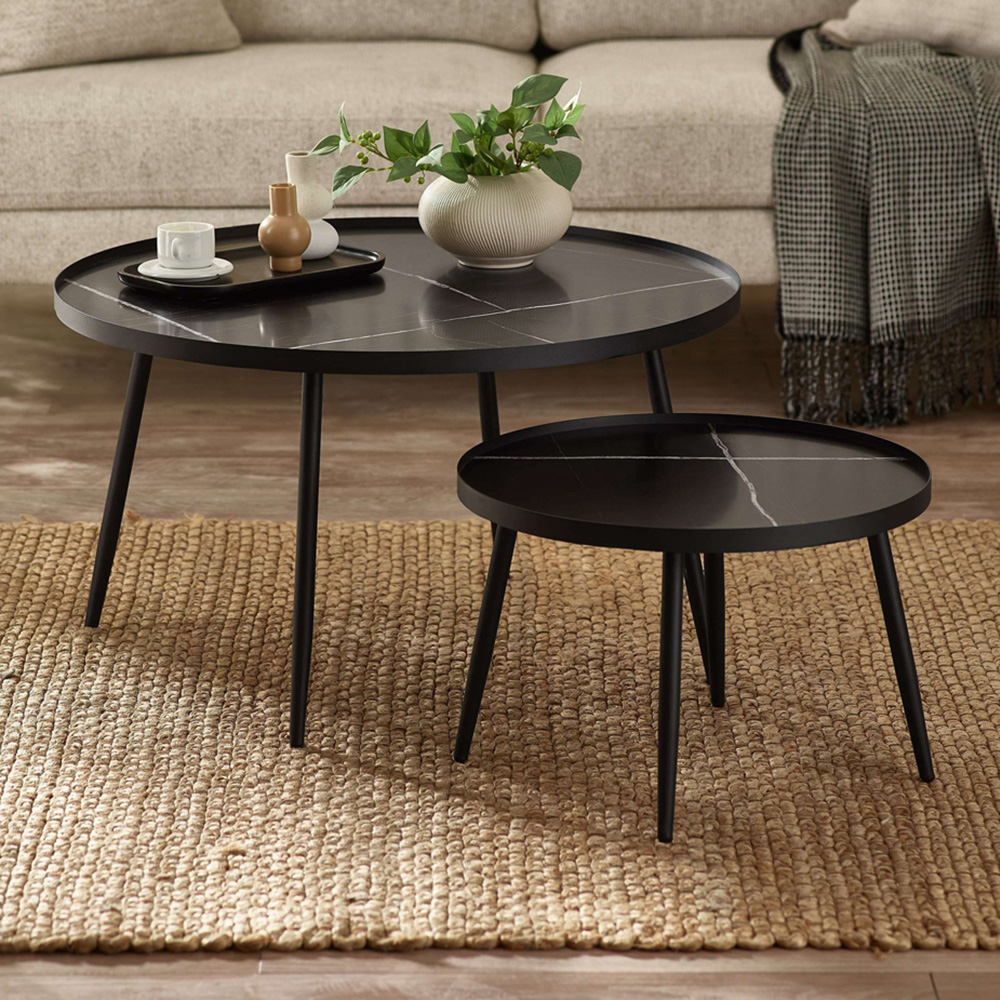 Julian Bowen Nolan Black Marble Effect Round Nest of Tables Set of 2 Image 1