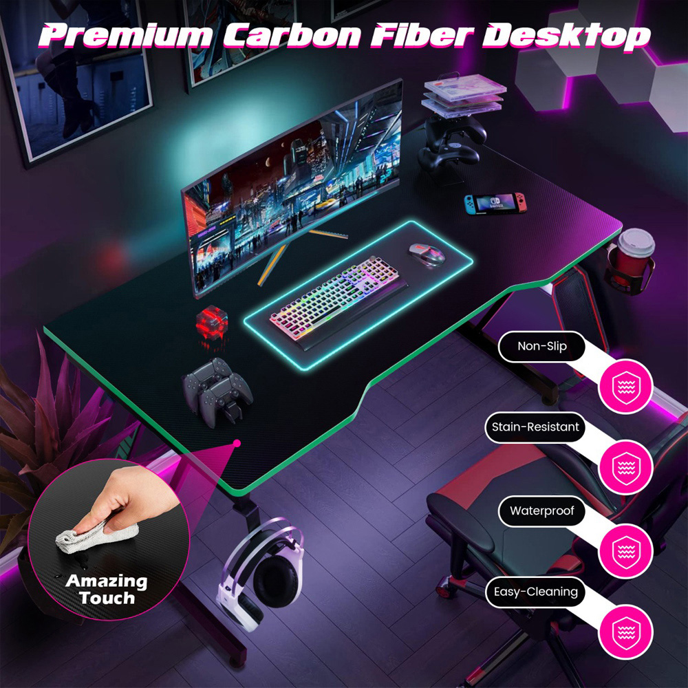 Costway Z-Shaped Computer Desk with Headphone Hook and Cup Holder Green Image 4