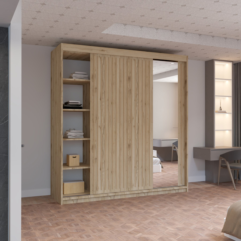 M N Furniture Roman 2 Door Oak Mirrored Sliding Wardrobe 203cm Image 3