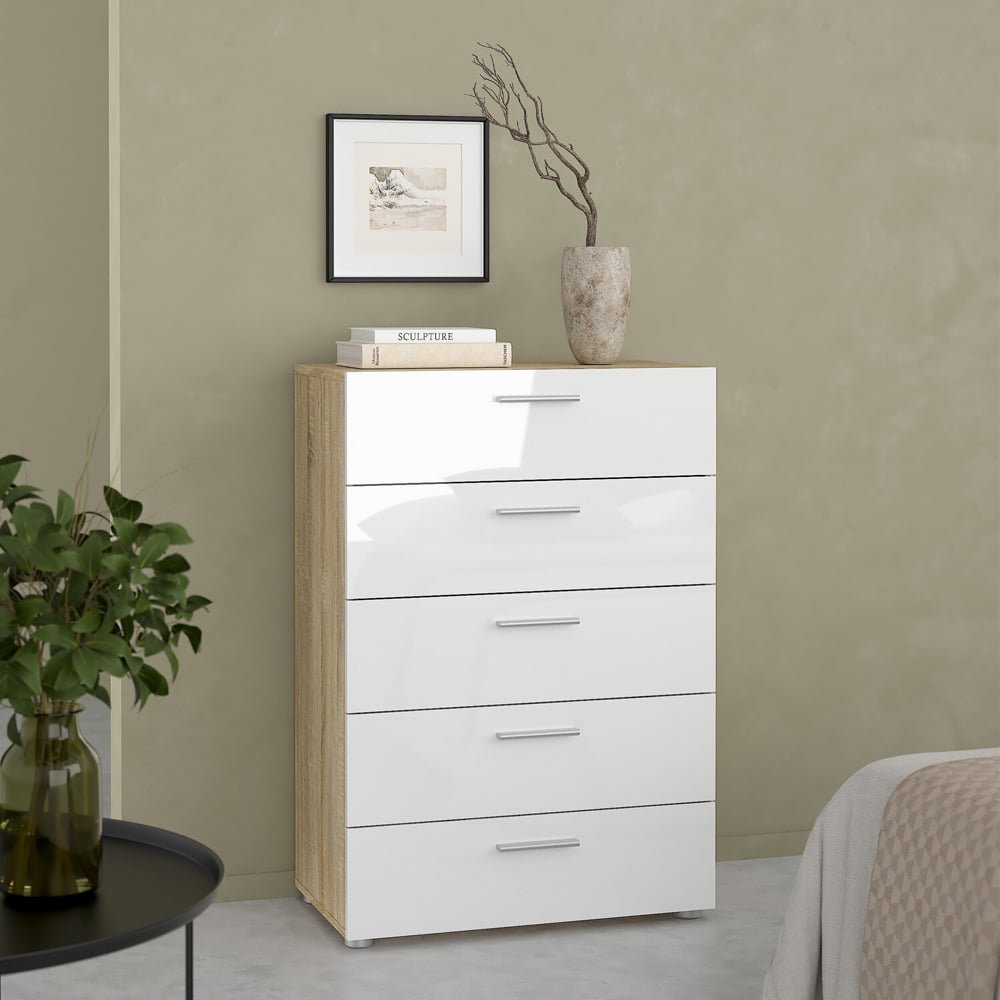 Florence 5 Drawer Oak and White High Gloss Chest of Drawers Image 6