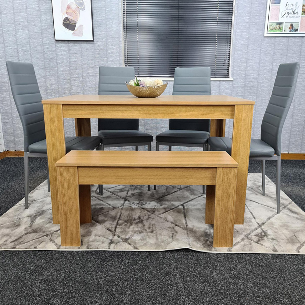 Portland 6 Seater Square Leather Dining Table Set Oak Effect and Grey Image 1