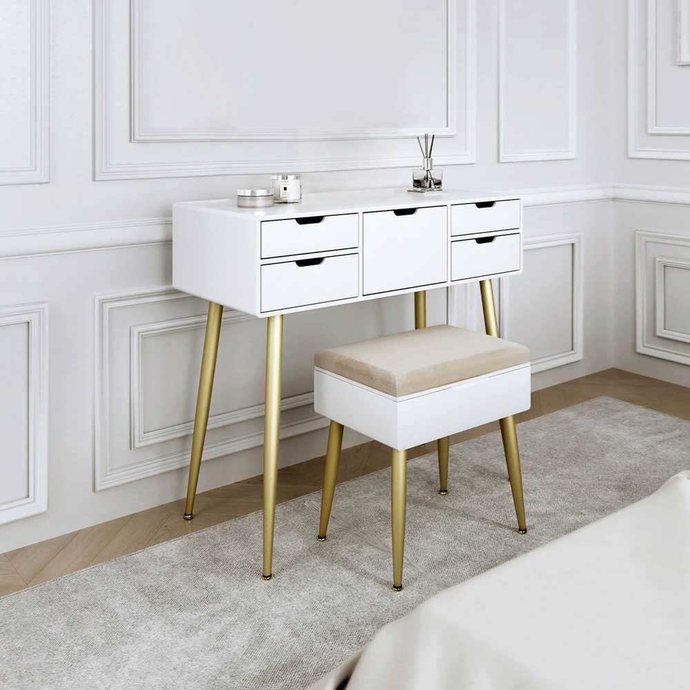 CARME Home Gabriella White and Gold Dressing Table with Velvet Padded Stool Image 7