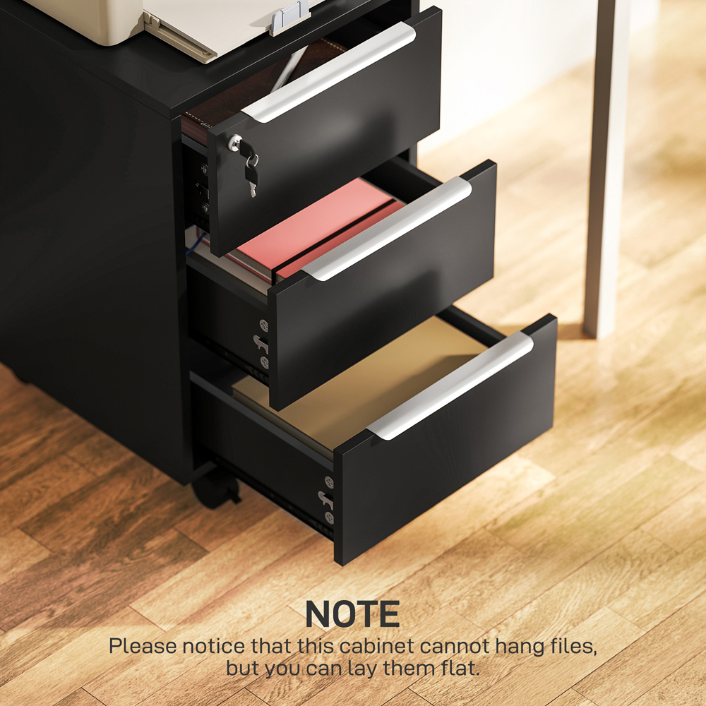 HOMCOM 3 Drawer Black Lockable Mobile Filing Cabinet Image 3