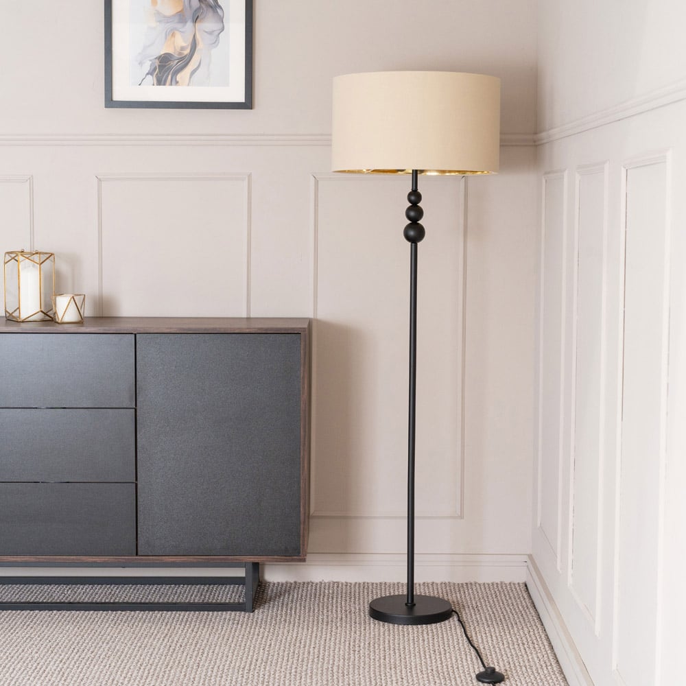 ValueLights Marissa Beige and Gold Shade Black Ball LED Floor Lamp Image 4