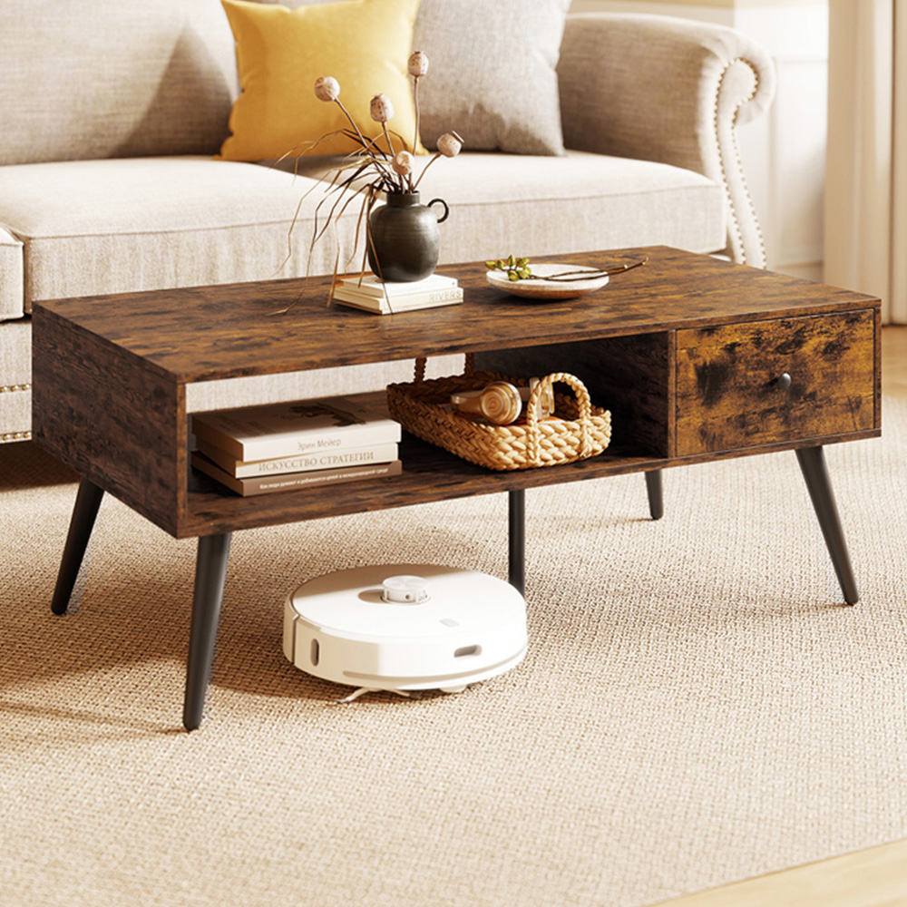 Costway Single Drawer Single Shelf Rustic Brown Rectangular Coffee Table Image 1