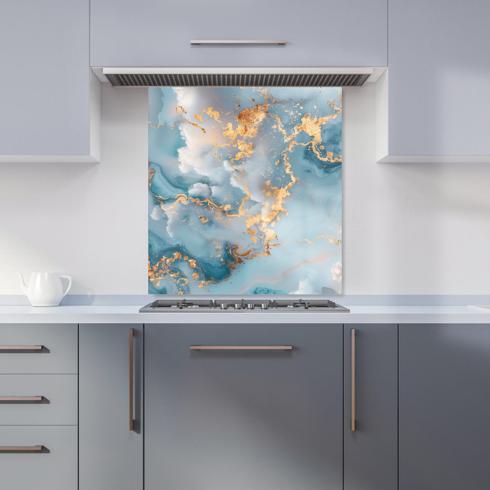 Warren Reed Designer Blue And Gold Marble Effect Glass Kitchen Splashback 65 x 70cm Image 1