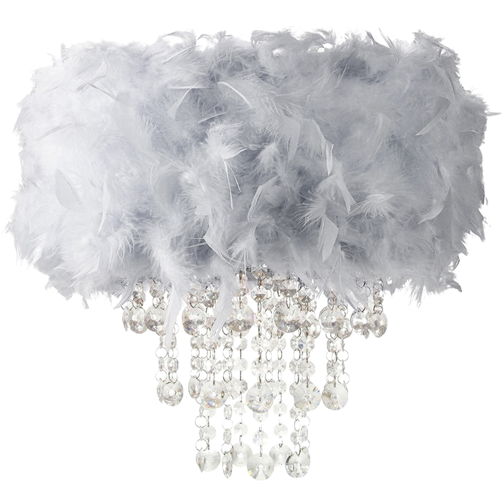 Happy Homewares Grey Feather Drum Pendant Shade with Clear Acrylic Droplets Image 1