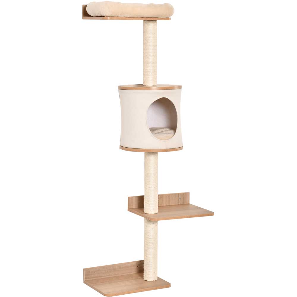 PawHut Wall-Mounted Cat Tree Shelter w/ Cat House, Bed, Scratching Post - Beige Image 3