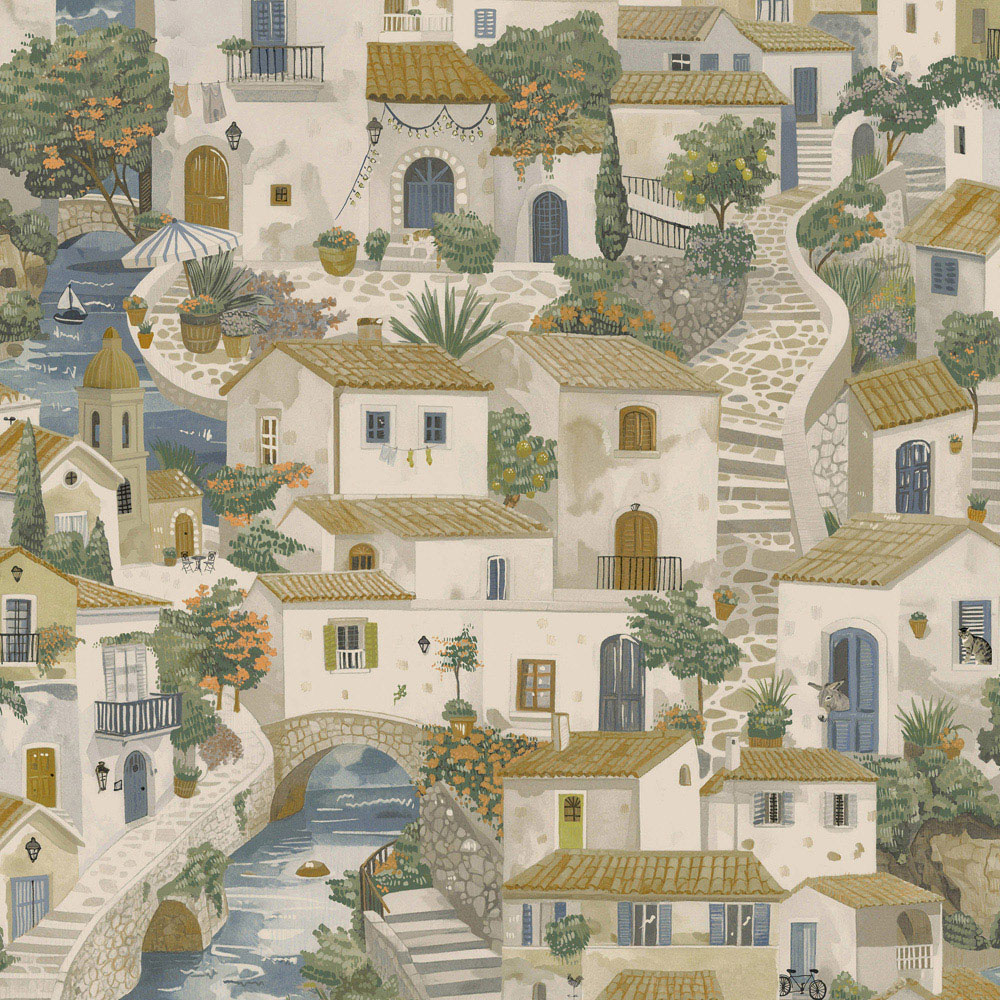 Holden Decor Italian Buildings Beige and Blue Wallpaper Image 1
