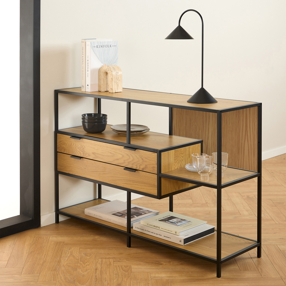 Florence Seaford 2 Drawer 3 Shelf Matt Wild Oak Metal Bookcase Image 9