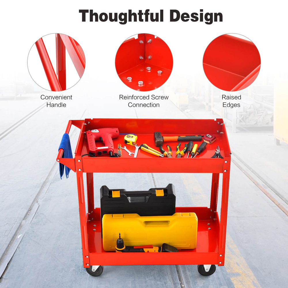 Costway 2 Shelf Red Tool Trolley with Wheels Image 7