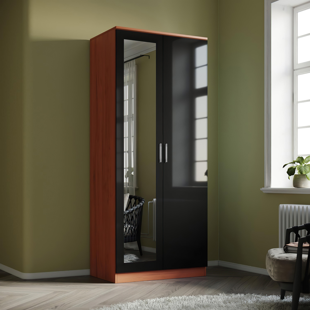 Brooklyn 2 Door Walnut and Black High Gloss Mirrored Wardrobe Image 5