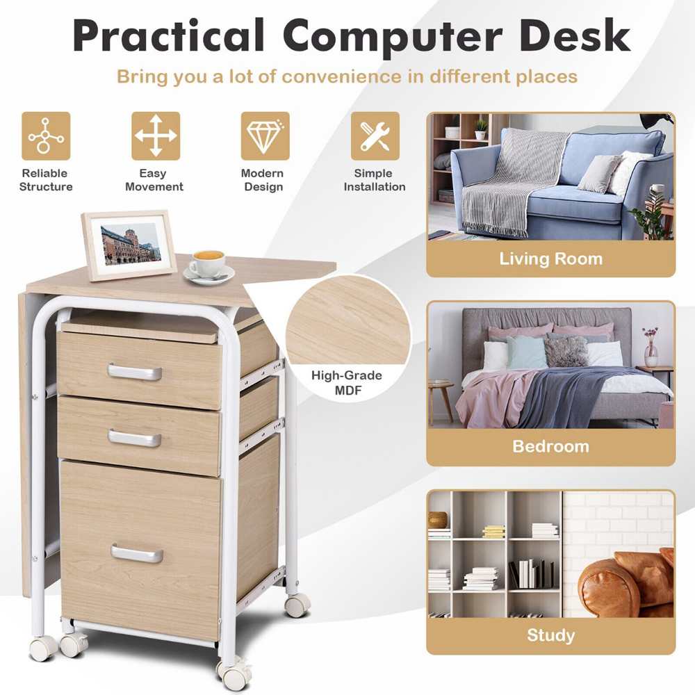 Costway 3 Drawer Folding Computer Desk with Rolling Wheels Natural Image 5