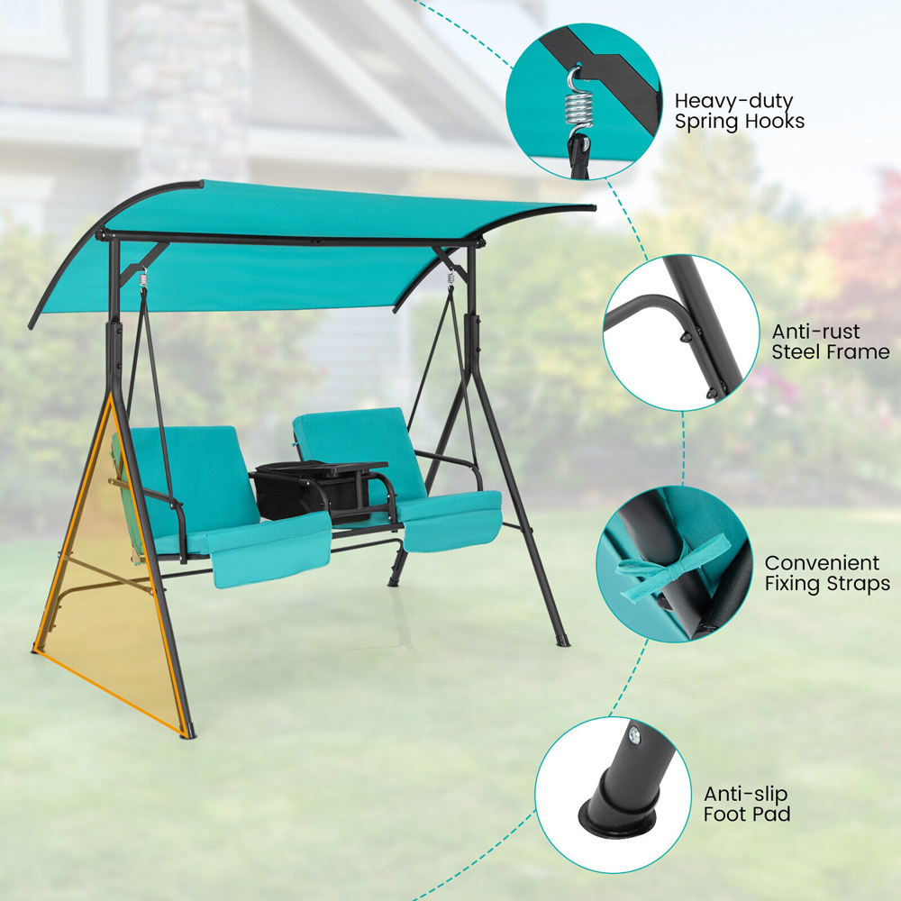 Costway 2 Seater Turquoise Garden Swing Chair with Canopy and Cooler Bag Image 6