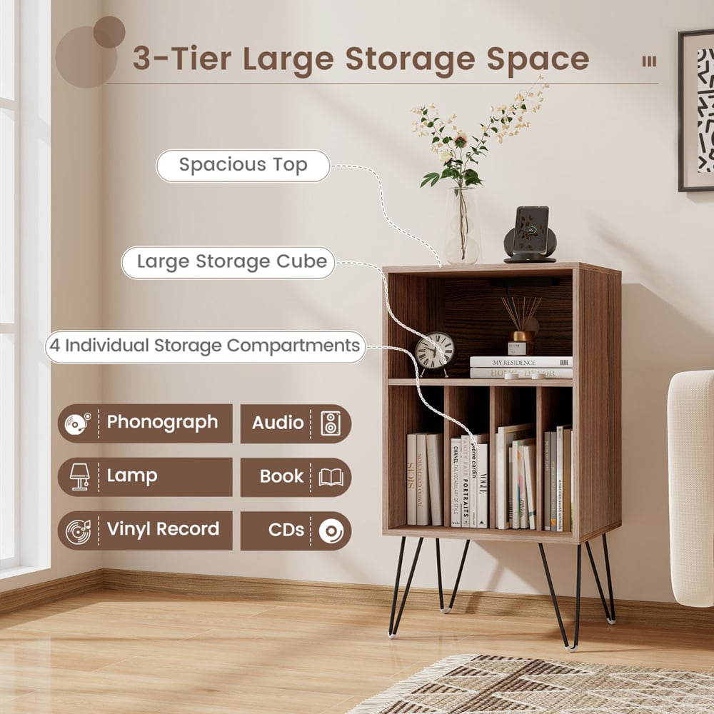 Costway 5 Compartment Walnut Record Player Stand with Charging Station Image 8