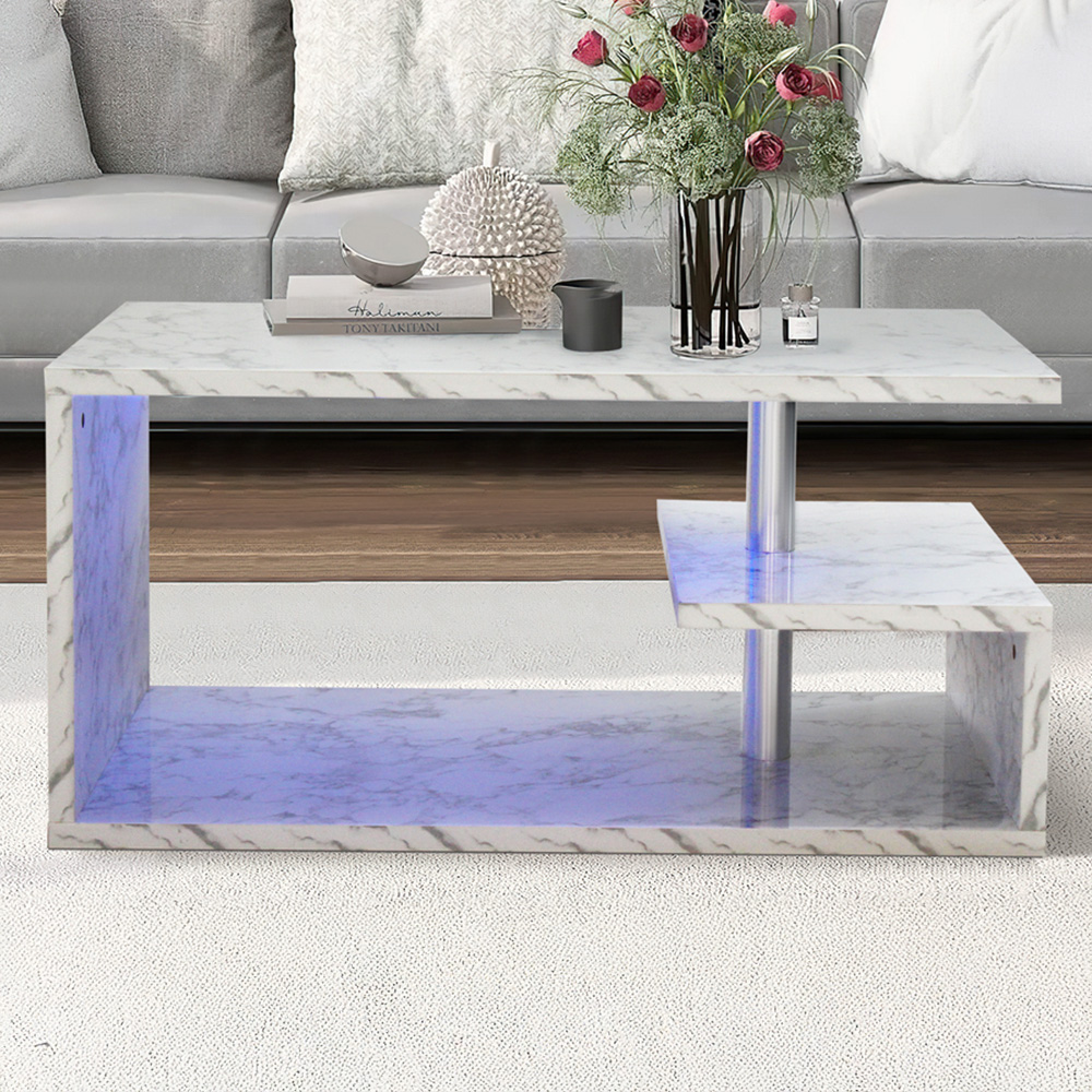 Comfy Living White Marble Effect High Gloss Abstract LED Coffee Table Image 1